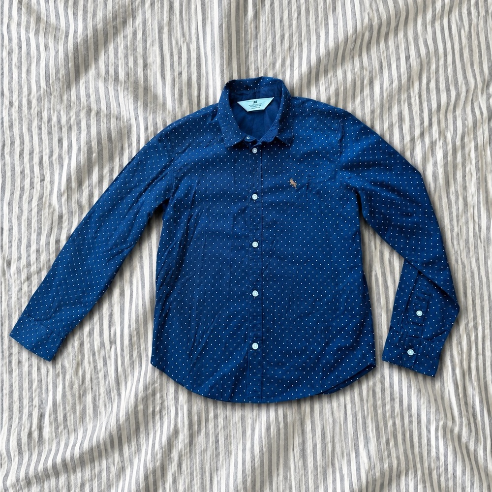 H&M Navy Blue Polka Dot Long-Sleeve Button-Down Shirt